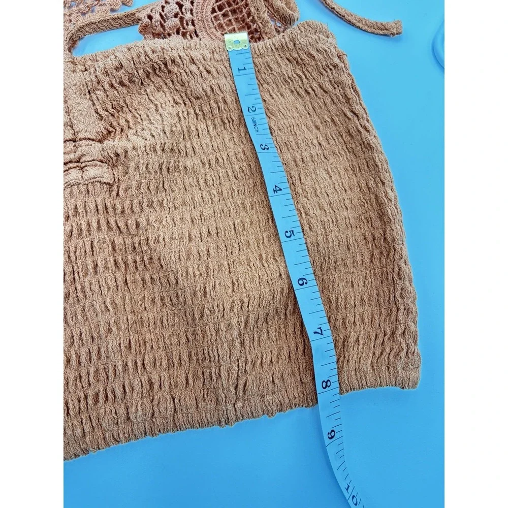 Forever 21 Crochet Lace Back Smocked Crop Top Boho Festival Hippie Brown M NWT - Picture 6 of 7